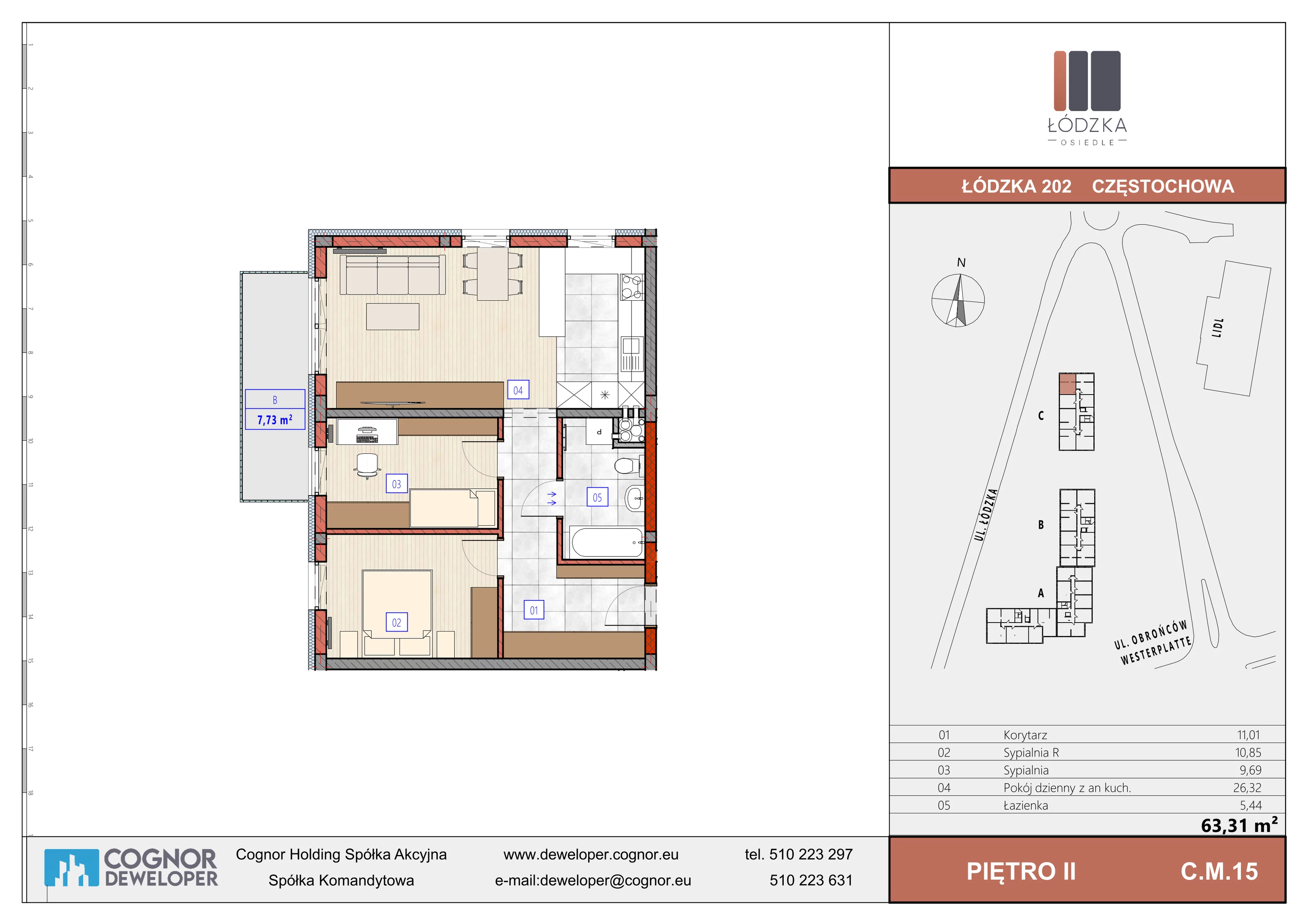 3 pokoje, mieszkanie 63,31 m², piętro 2, oferta nr C.M.15, Łódzka Osiedle, Częstochowa, Częstochówka-Parkitka, ul. Łódzka 198, 200, 202